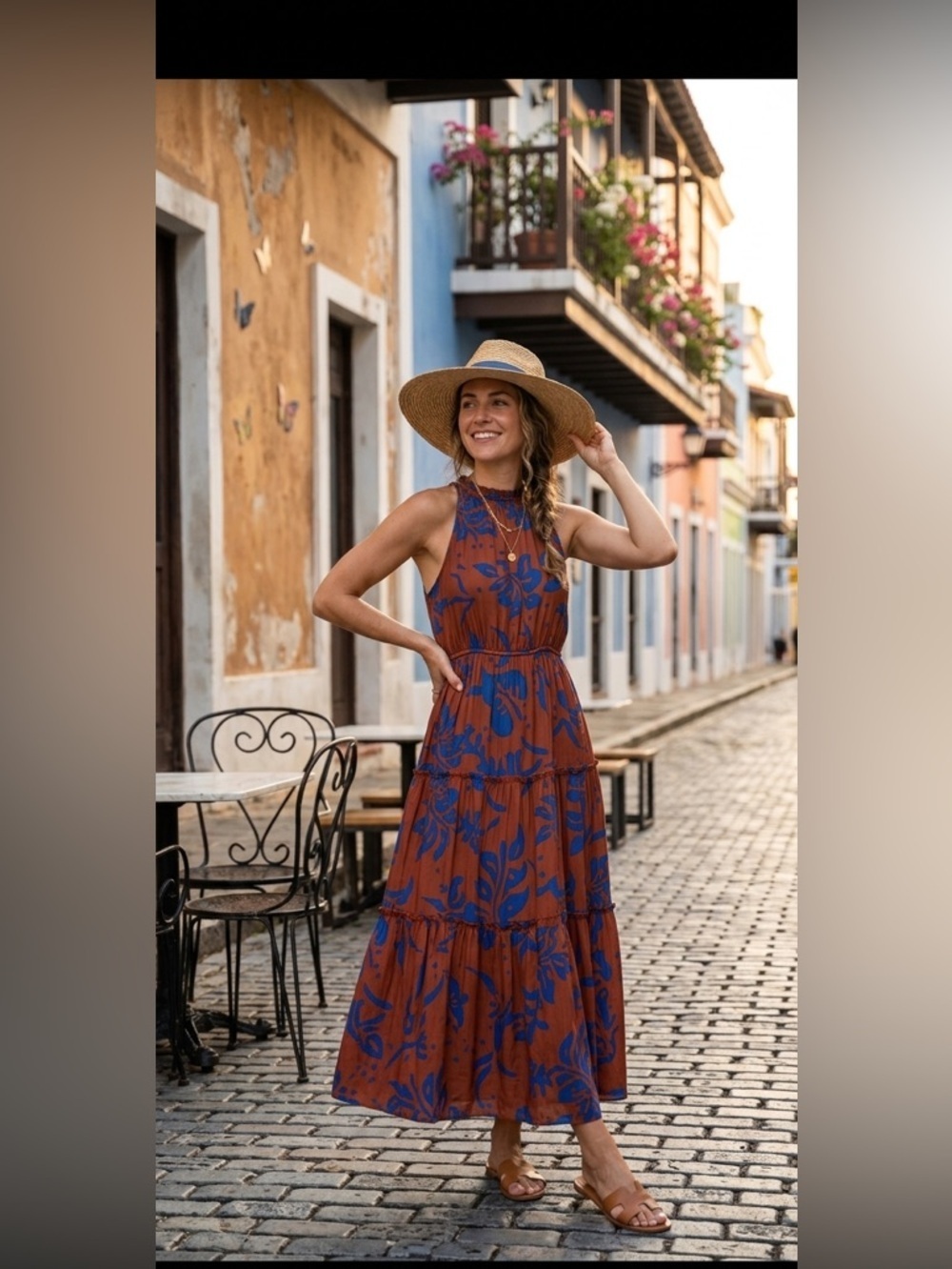 GAP Sleeveless Maxi Dress with Blue Floral on Brown